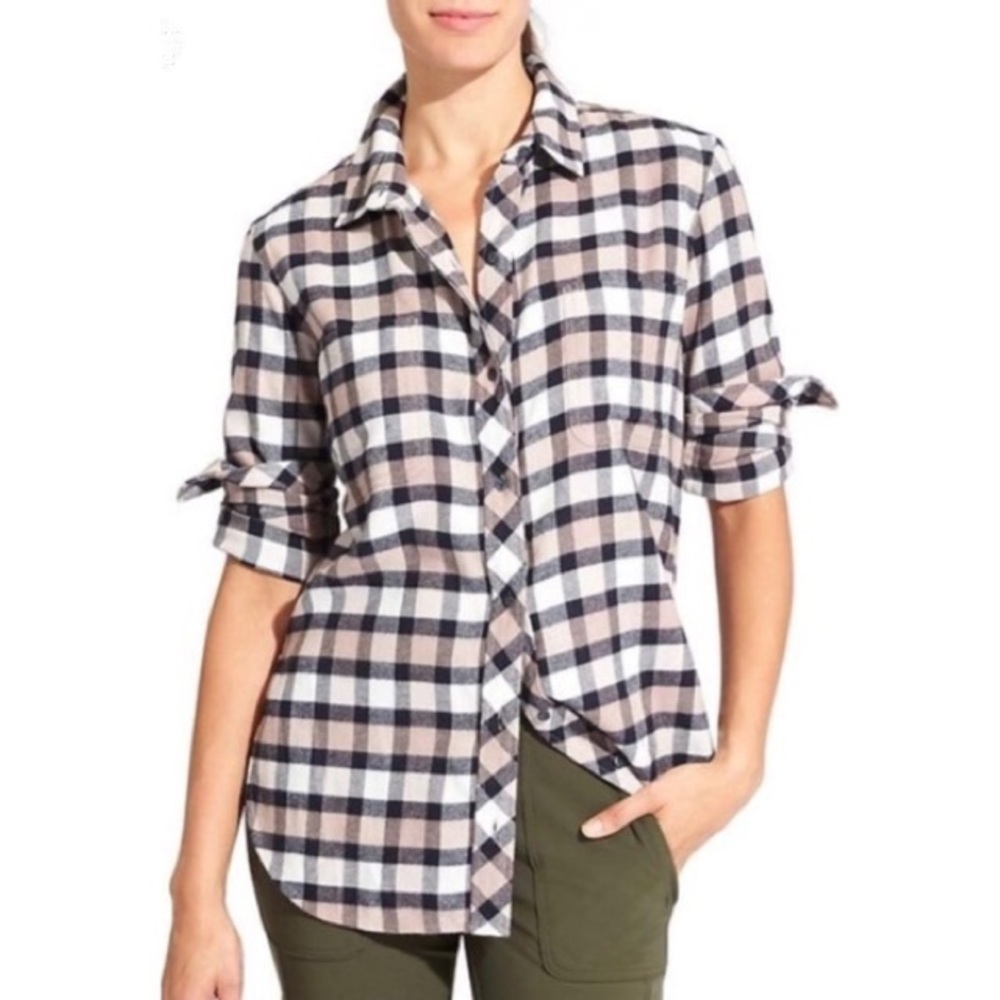 Athleta Pink Navy Lumberjilll Cotton Blend Plaid Button Down Shirt EUC Size XS